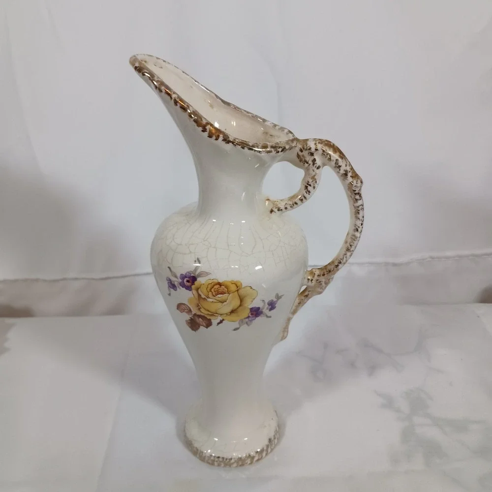 Vintage Pitcher Vase Home Decor Med Cream Good Floral Crackle Glaze Gold Trim